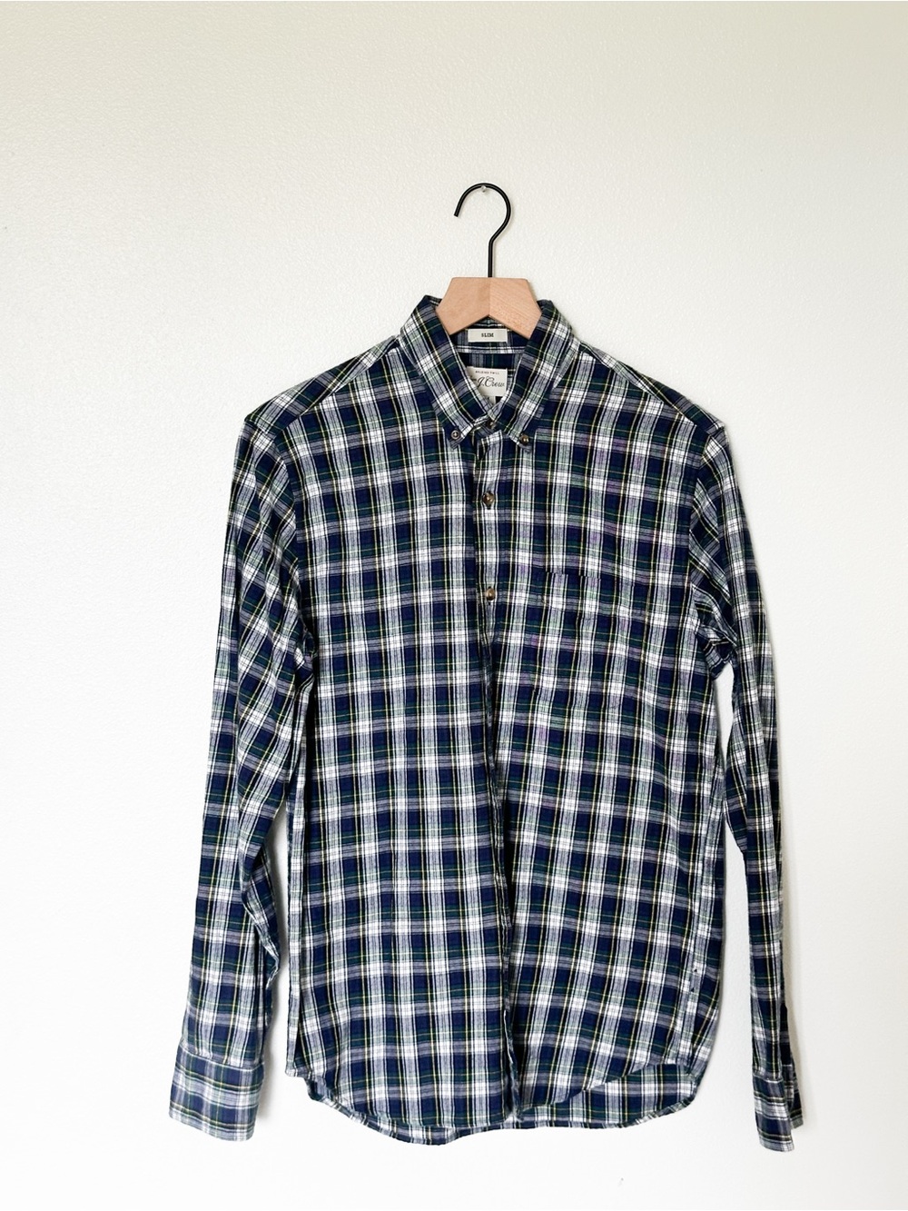 Men's J Crew Slim Navy Green Plaid Button-Down Shirt Medium